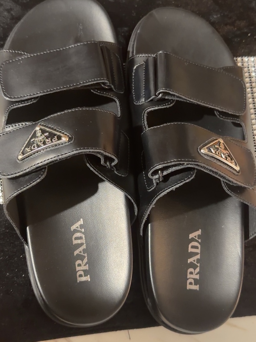Prada Black Leather Double-Strap Slide Sandals